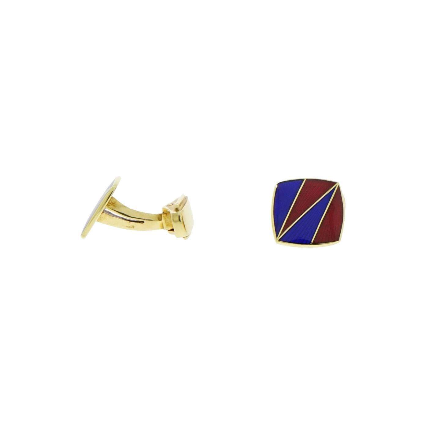 The geometric shapes of Blue and Red, accentuated by thin gold lines make these a sturdy and appealing cufflinks. 
Crafted in 18k Yellow Gold and measures approximately 13mm.
Designed and signed by 'Brixton & Gill', made in Birmingham, England.