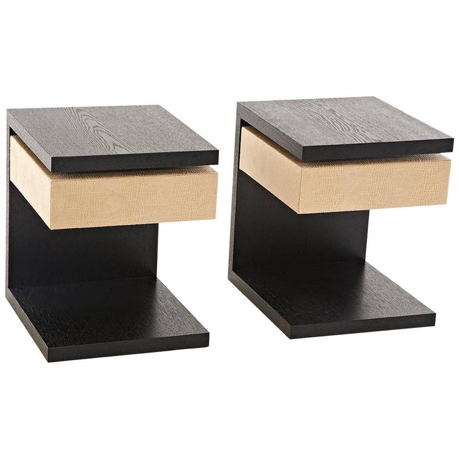 Vesey Side Table C-Shape, Wood One Leather Drawer