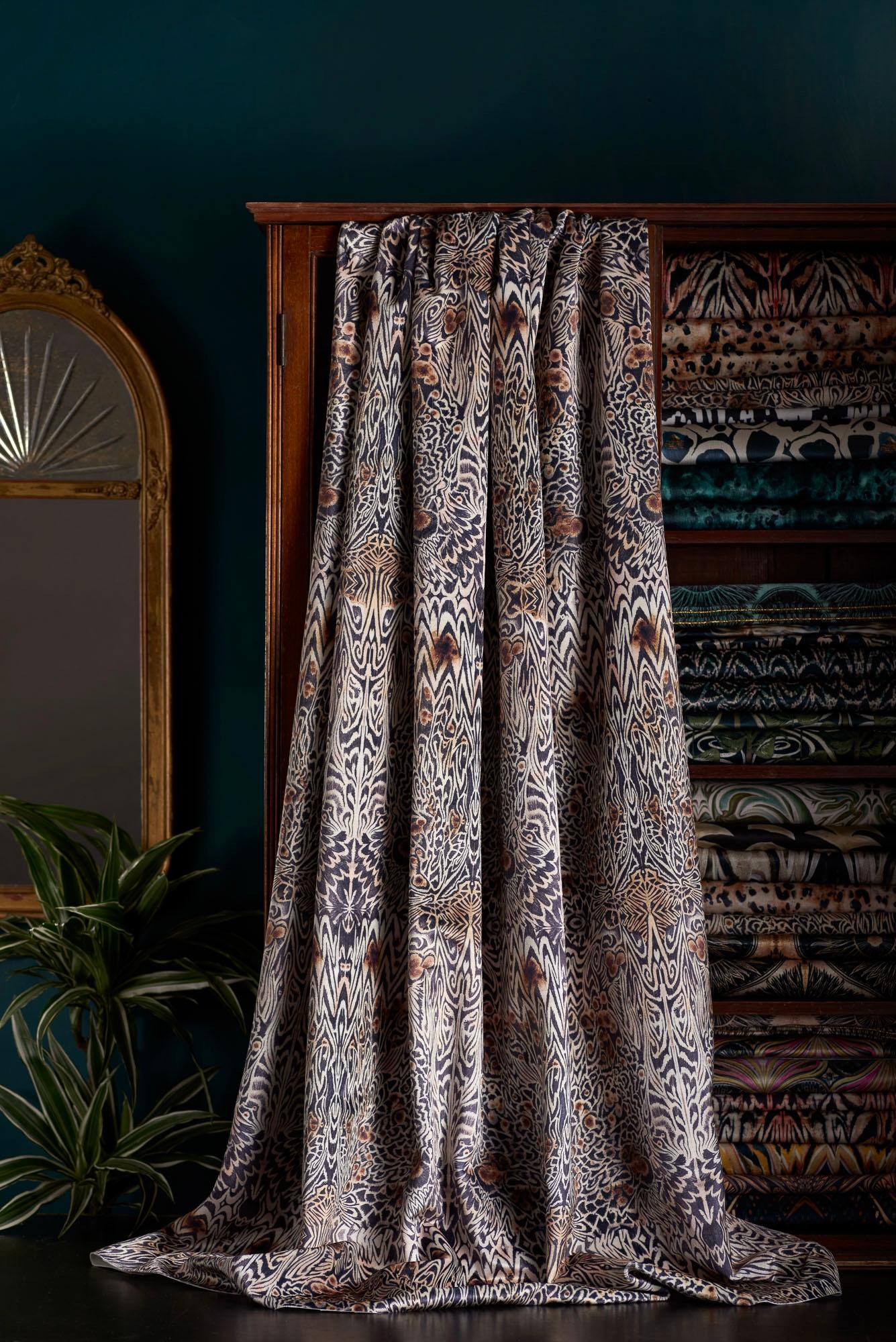 Vespertine, our new leopard style print, with 1920’s butterfly undertones. Tones of black, coffee and nude play with soft pinks in this pretty and versatile design.

This velvet is thick and luxurious, with a strong straight woven backing. It is