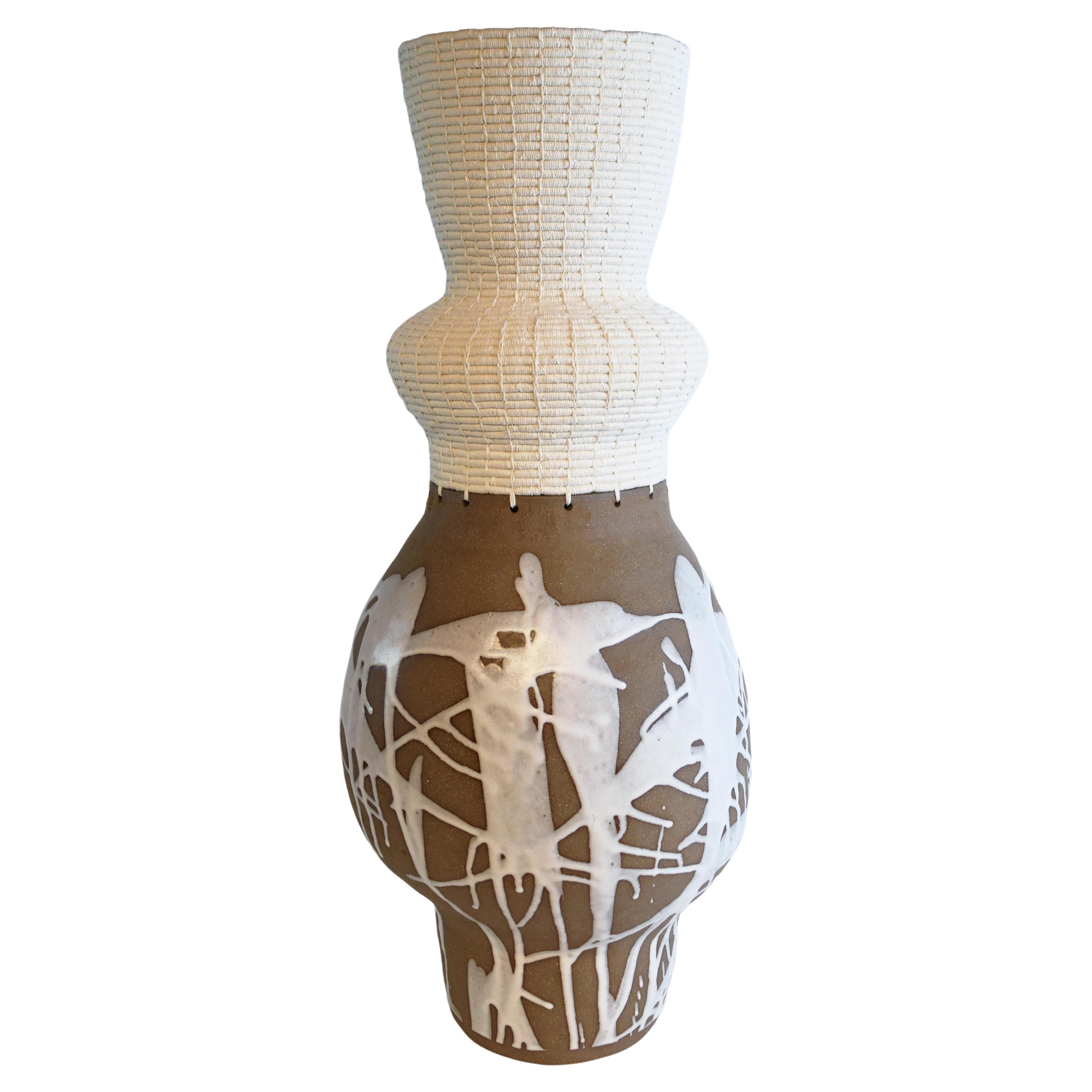 Vessel #759, Hand Formed Stoneware, Satin White Glaze, and Woven White Cotton