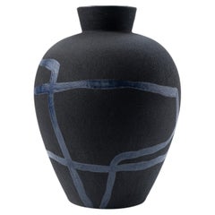 Vessel Black With Blue Details Ceramic Sculptural Vase by Rooms Studio