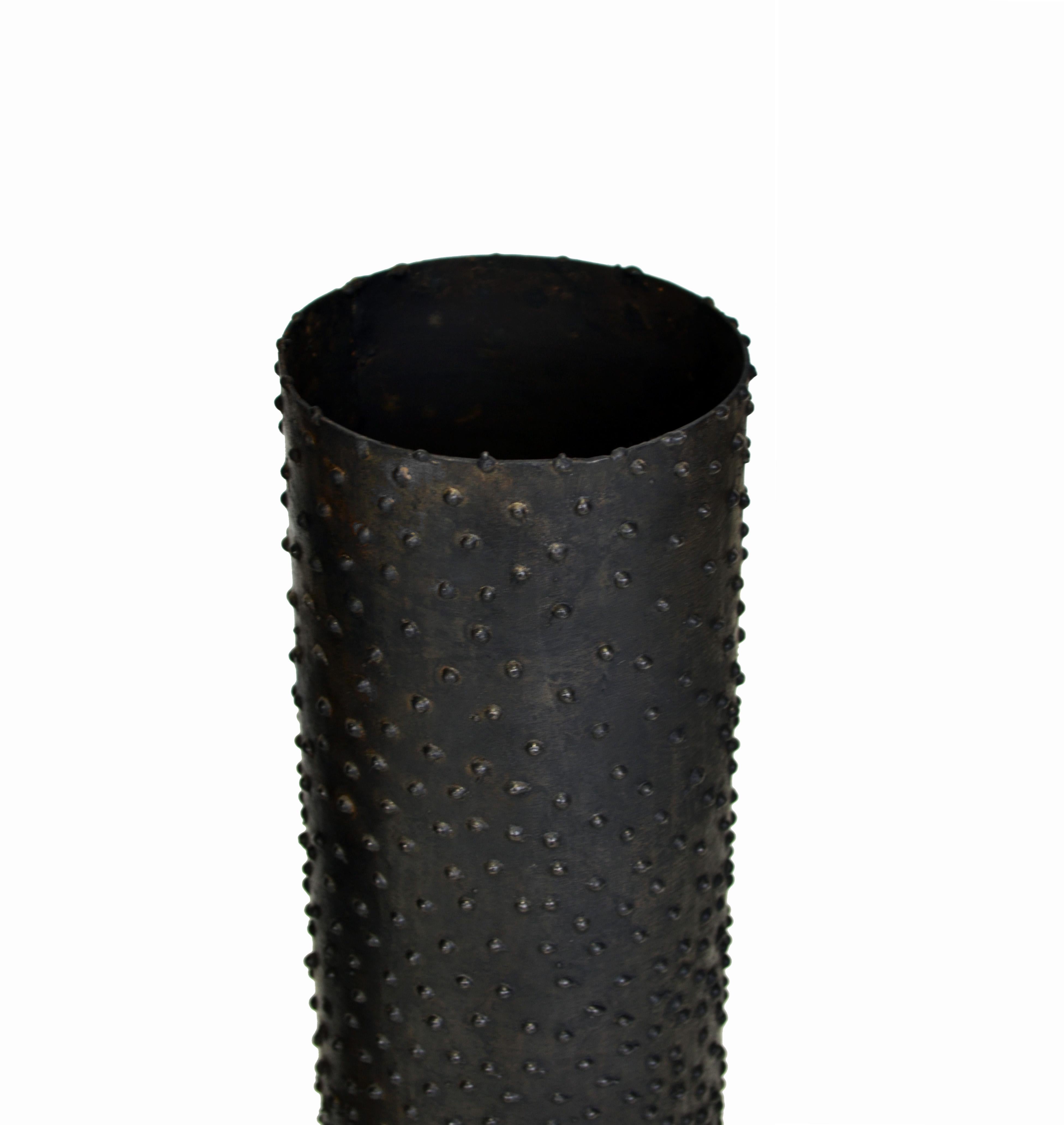Modern Vessel Dotted Handcarved Vase Bumps Rough Textured Blackened Steel Waxed 