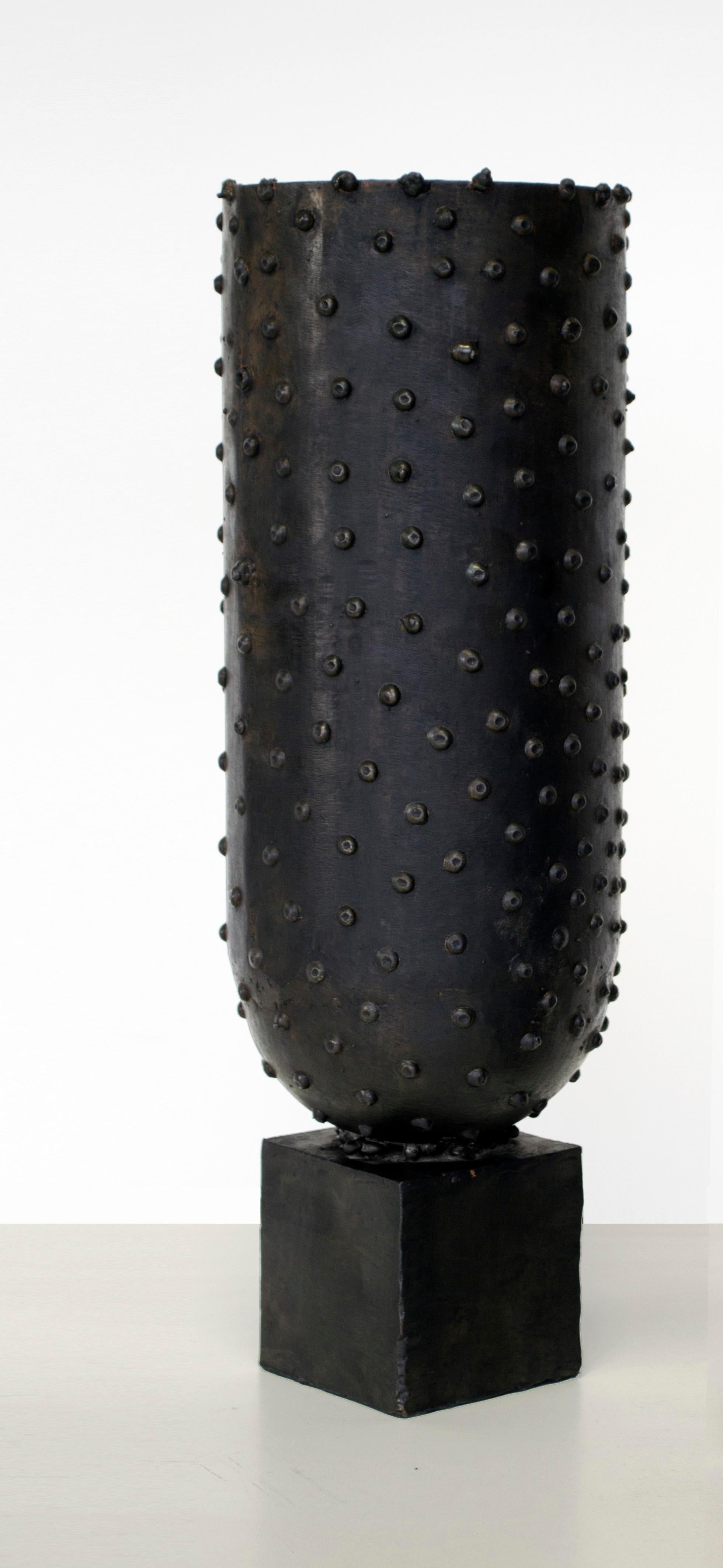 Forged Vessel Dotted Handcarved Vase Bumps Rough Textured Blackened Steel Waxed 