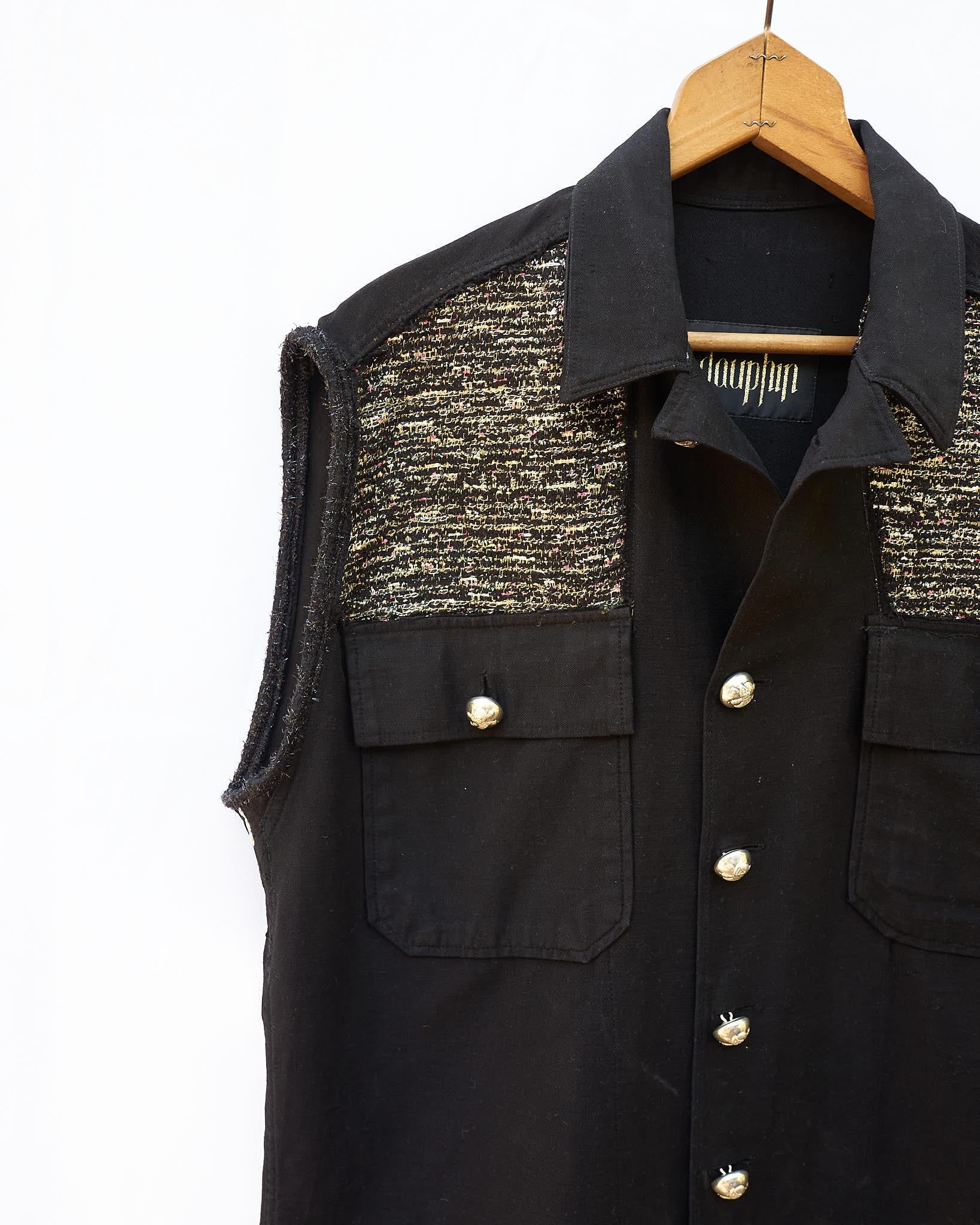 Vest Black Silver Collectible Military Buttons Gold Black Lurex Tweed J Dauphin In New Condition In Los Angeles, CA