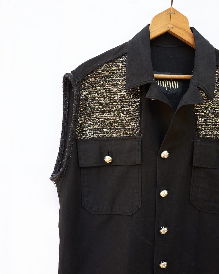 Vest Black Silver Collectible Military Buttons Gold Black Lurex Tweed J Dauphin In New Condition For Sale In Los Angeles, CA