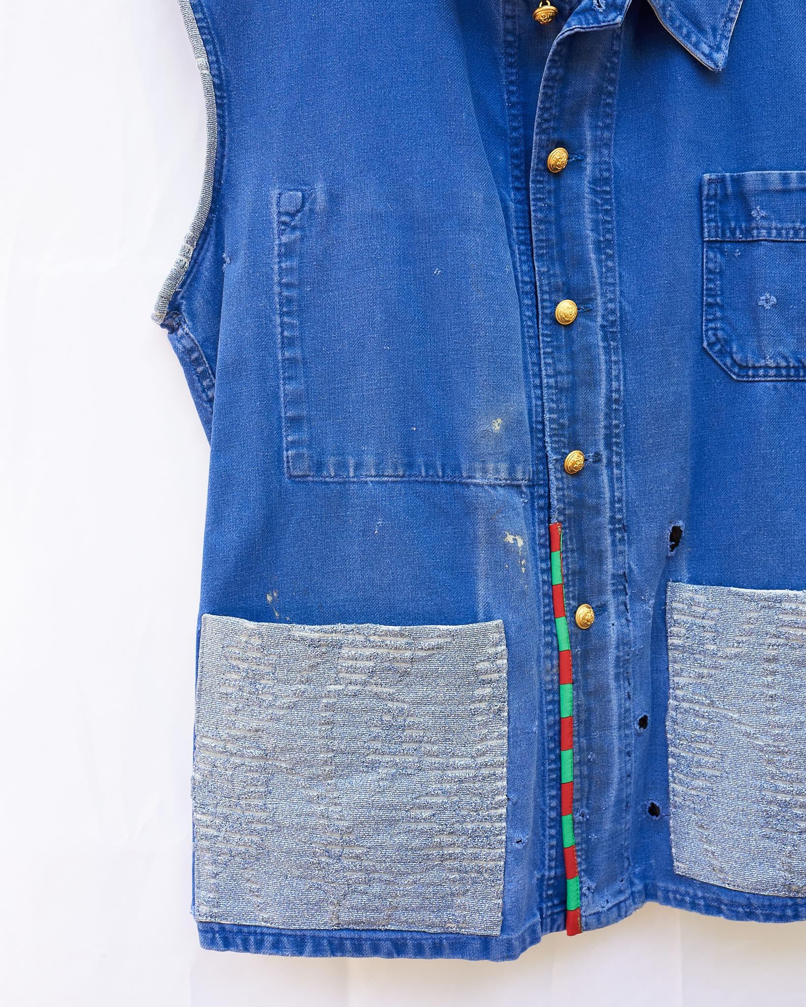 Vest Blue Vintage French Distressed Jacket One of a kind Blue J Dauphin In New Condition In Los Angeles, CA