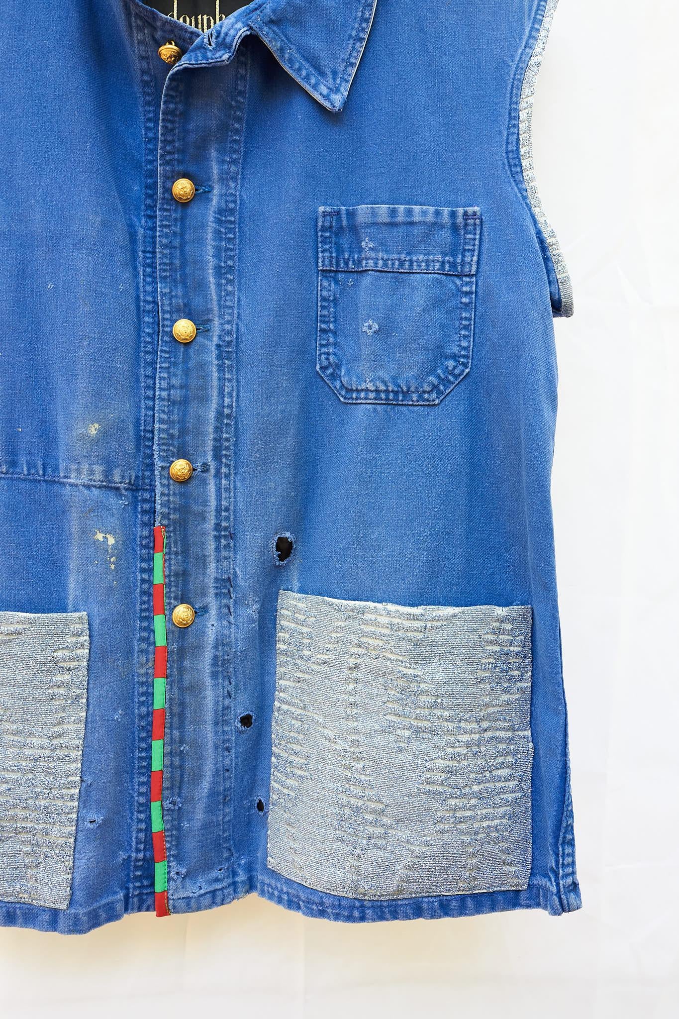Vest Blue Vintage French Distressed Jacket Repurposed Blue Glitter J Dauphin In New Condition In Los Angeles, CA