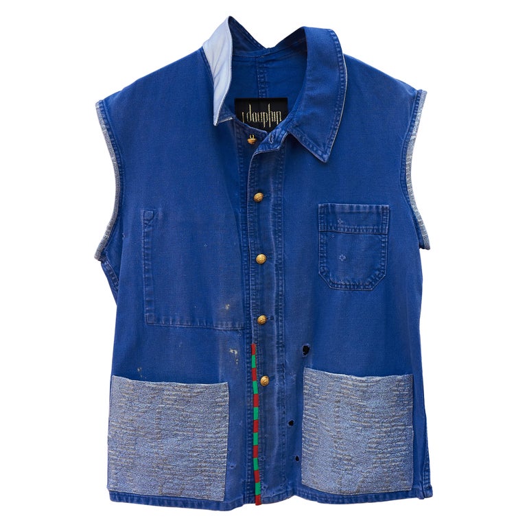 Weste Blau Vintage Französisch Distressed Jacke Upcycelt Blau Glitter J  Dauphin im Angebot bei 1stDibs