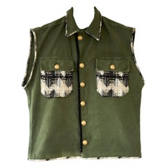 Vest Sleeveless Jacket Green Military  French Tweed Embellished J Dauphin
