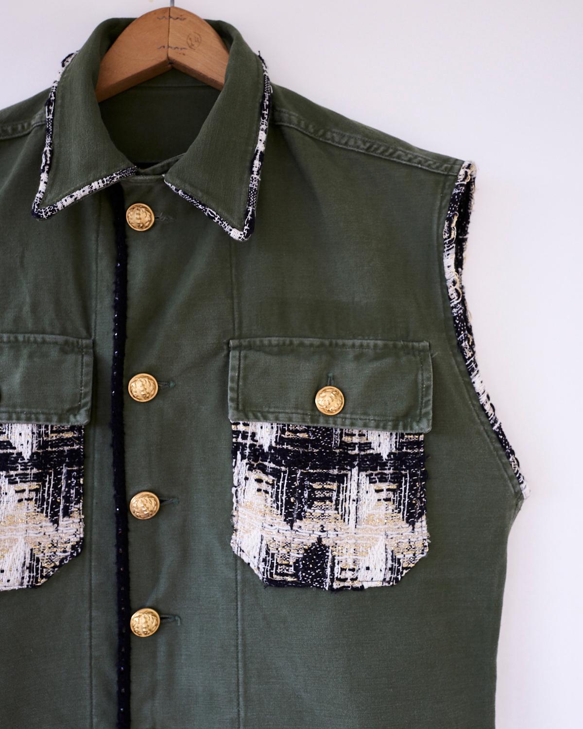 Vest Sleeveless Jacket Green Military  French Tweed Embellished J Dauphin

Repurposed and Embellished Sleeveless Jacket Vest Green Military with Original WW2 Gold Buttons from France and Trim of French Black Beige Gold Lurex Tweed 
J