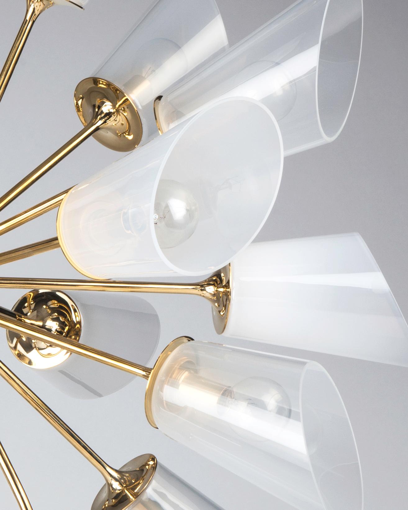 Modern Vesta 24 Chandelier in Polished Brass with Hand Blown Translucent Glass Shades