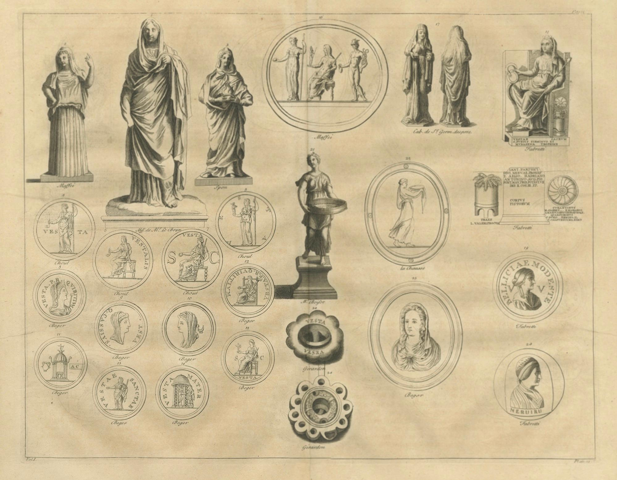 Vesta and Vestal Virgins, Roman Statues and Coins, Antiquarian Engraving, 1721