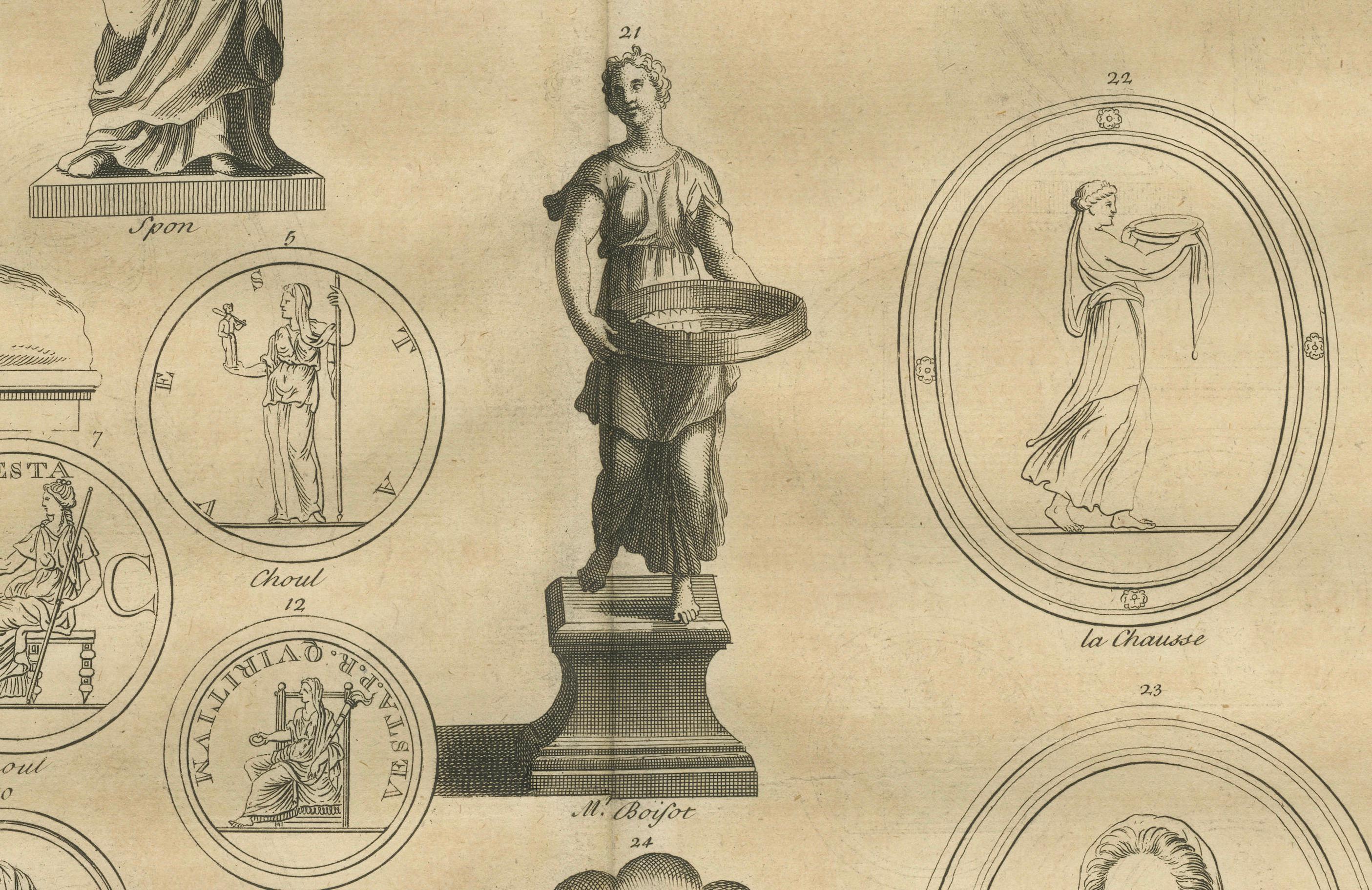 Vesta and Vestal Virgins, Roman Statues and Coins, Antiquarian Engraving, 1721