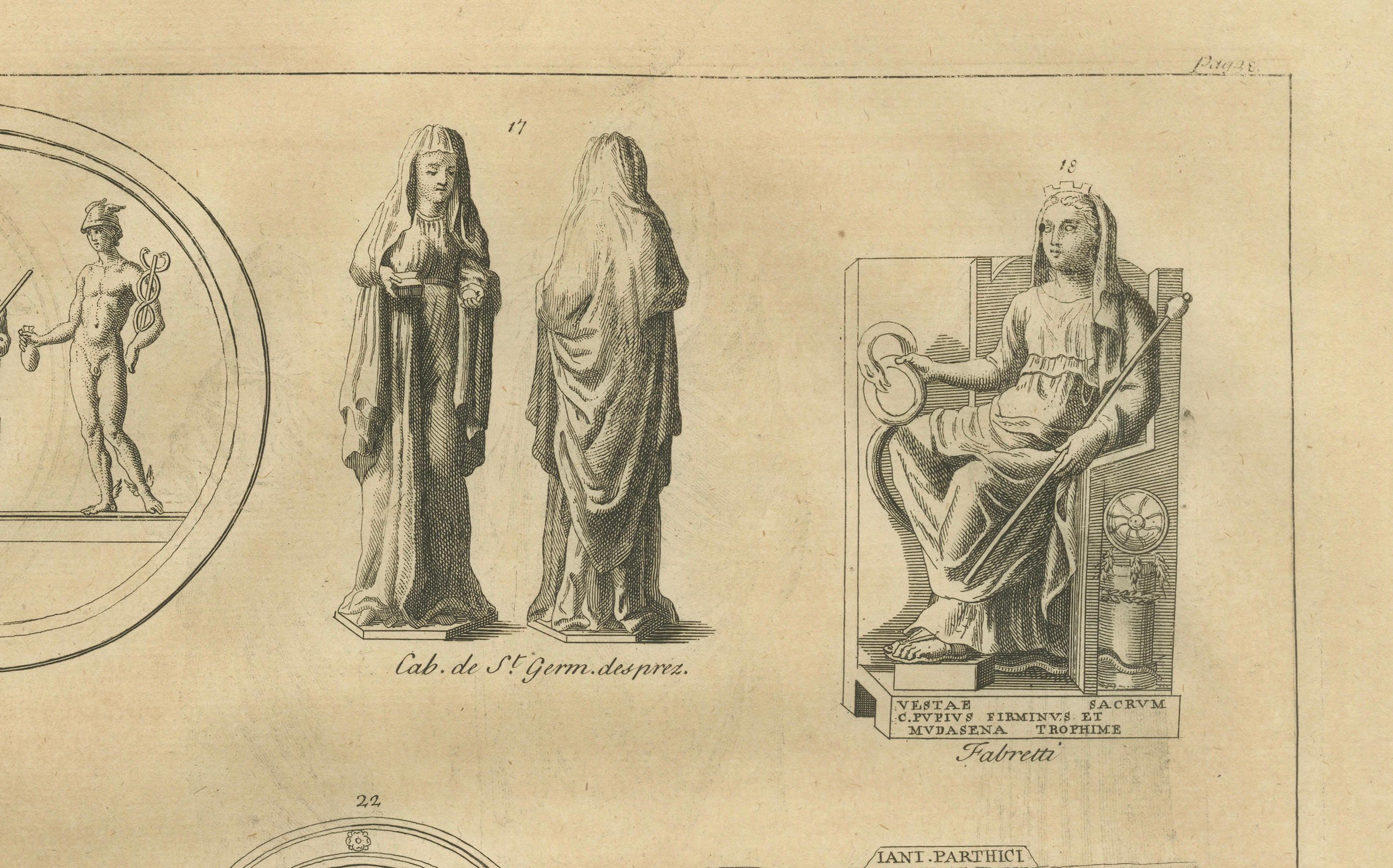 Vesta and Vestal Virgins, Roman Statues and Coins, Antiquarian Engraving, 1721