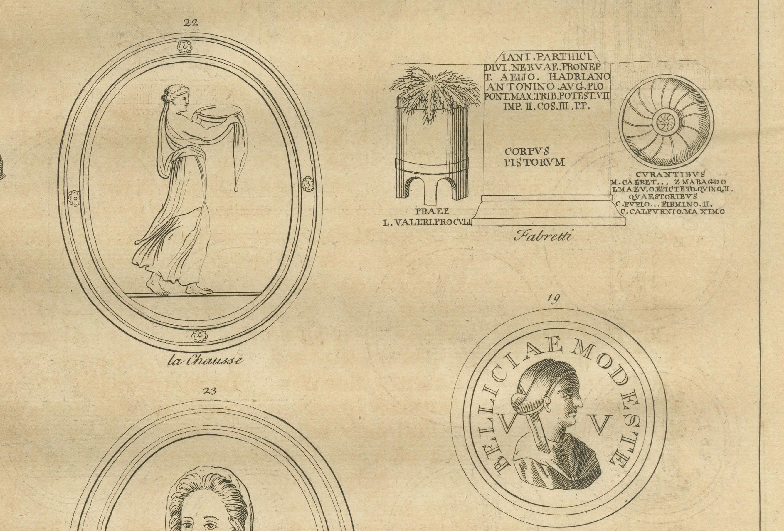 Vesta and Vestal Virgins, Roman Statues and Coins, Antiquarian Engraving, 1721