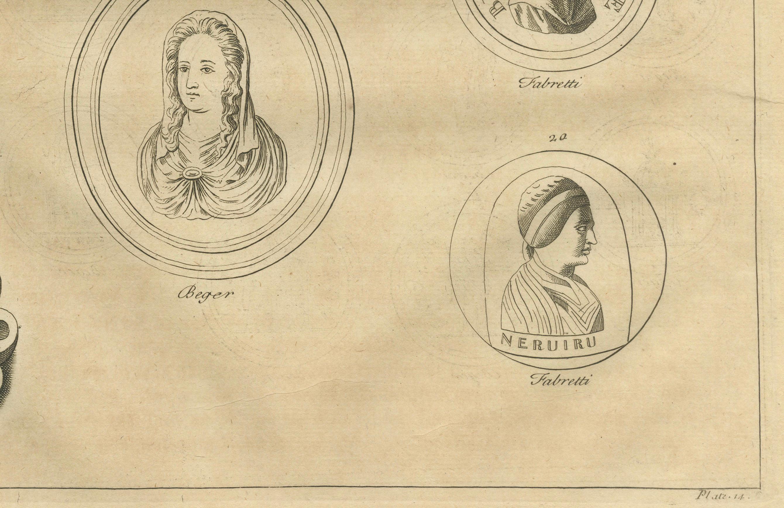 Vesta and Vestal Virgins, Roman Statues and Coins, Antiquarian Engraving, 1721