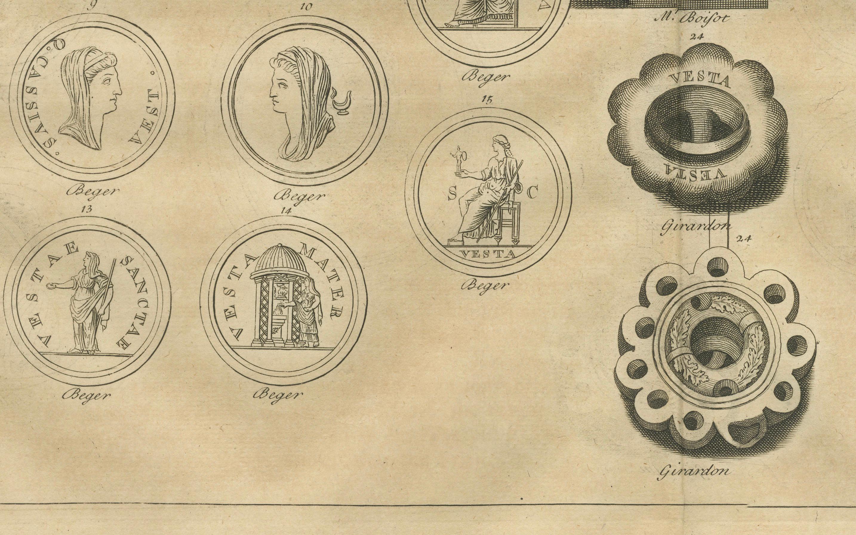 Vesta and Vestal Virgins, Roman Statues and Coins, Antiquarian Engraving, 1721