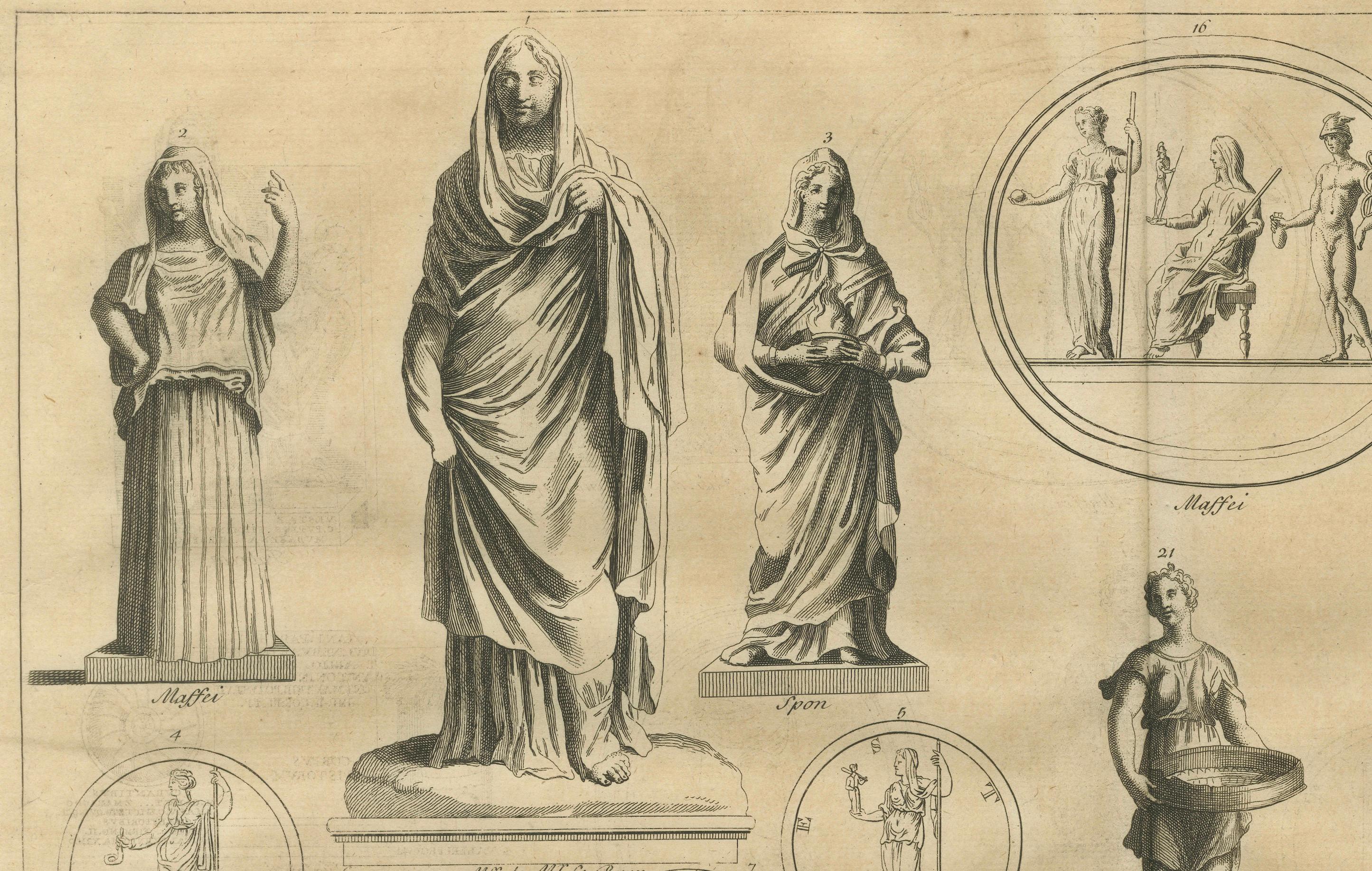 Vesta and Vestal Virgins, Roman Statues and Coins, Antiquarian Engraving, 1721