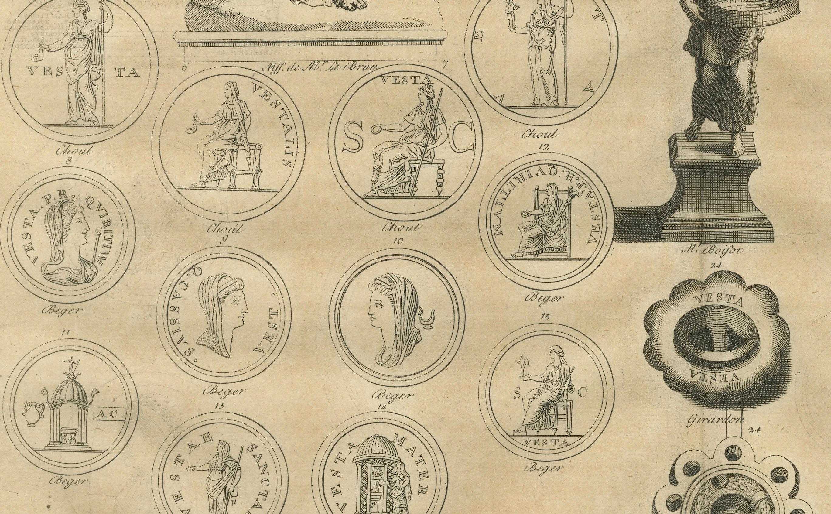 Vesta and Vestal Virgins, Roman Statues and Coins, Antiquarian Engraving, 1721
