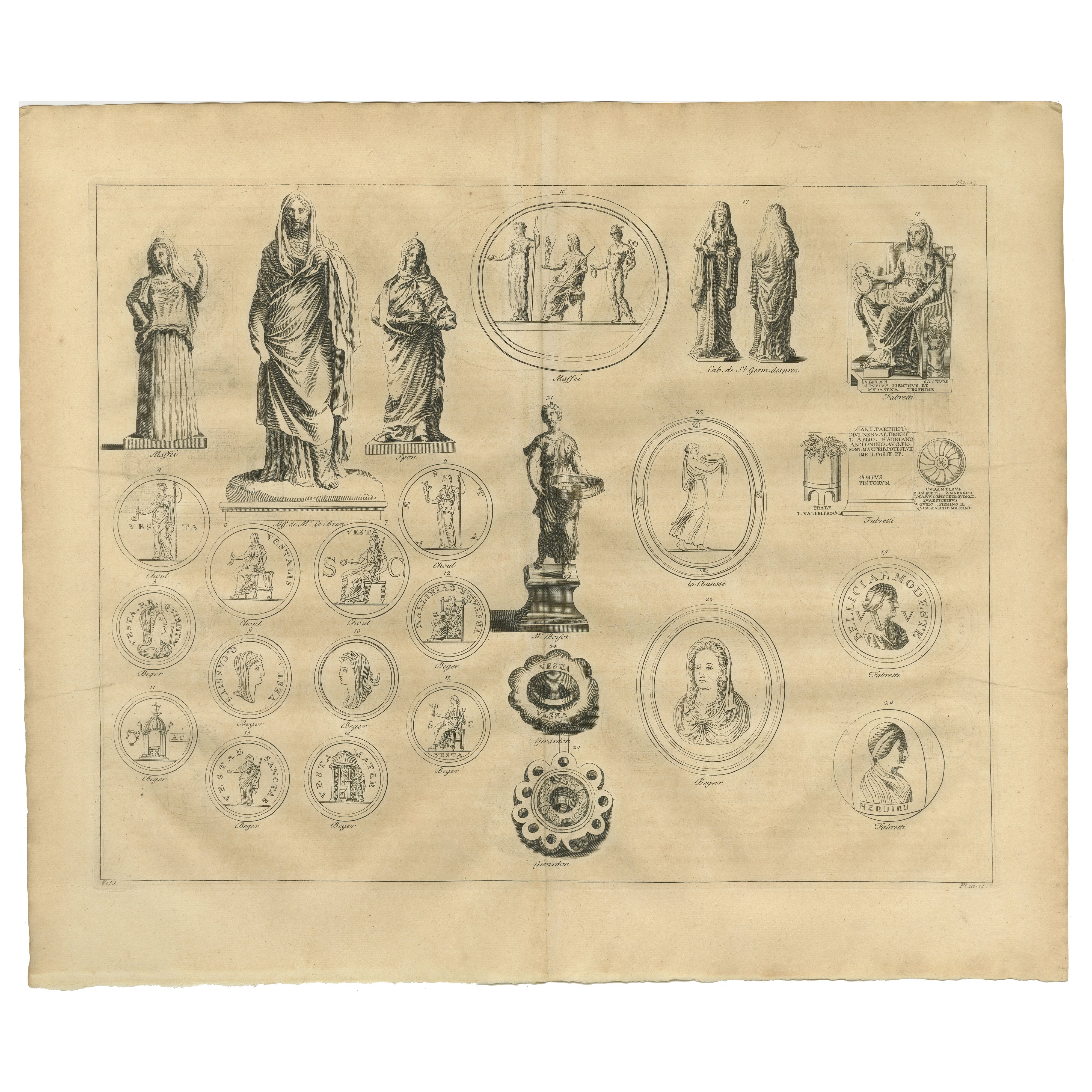 Vesta and Vestal Virgins, Roman Statues and Coins, Antiquarian Engraving, 1721