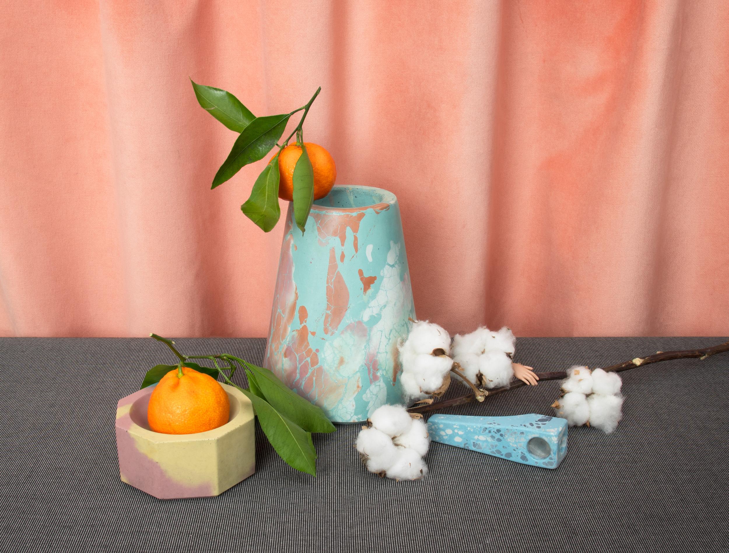 Cast Vesta Concrete Vase in Detritus Pattern, Handmade Organic Modern Vessel In Stock For Sale