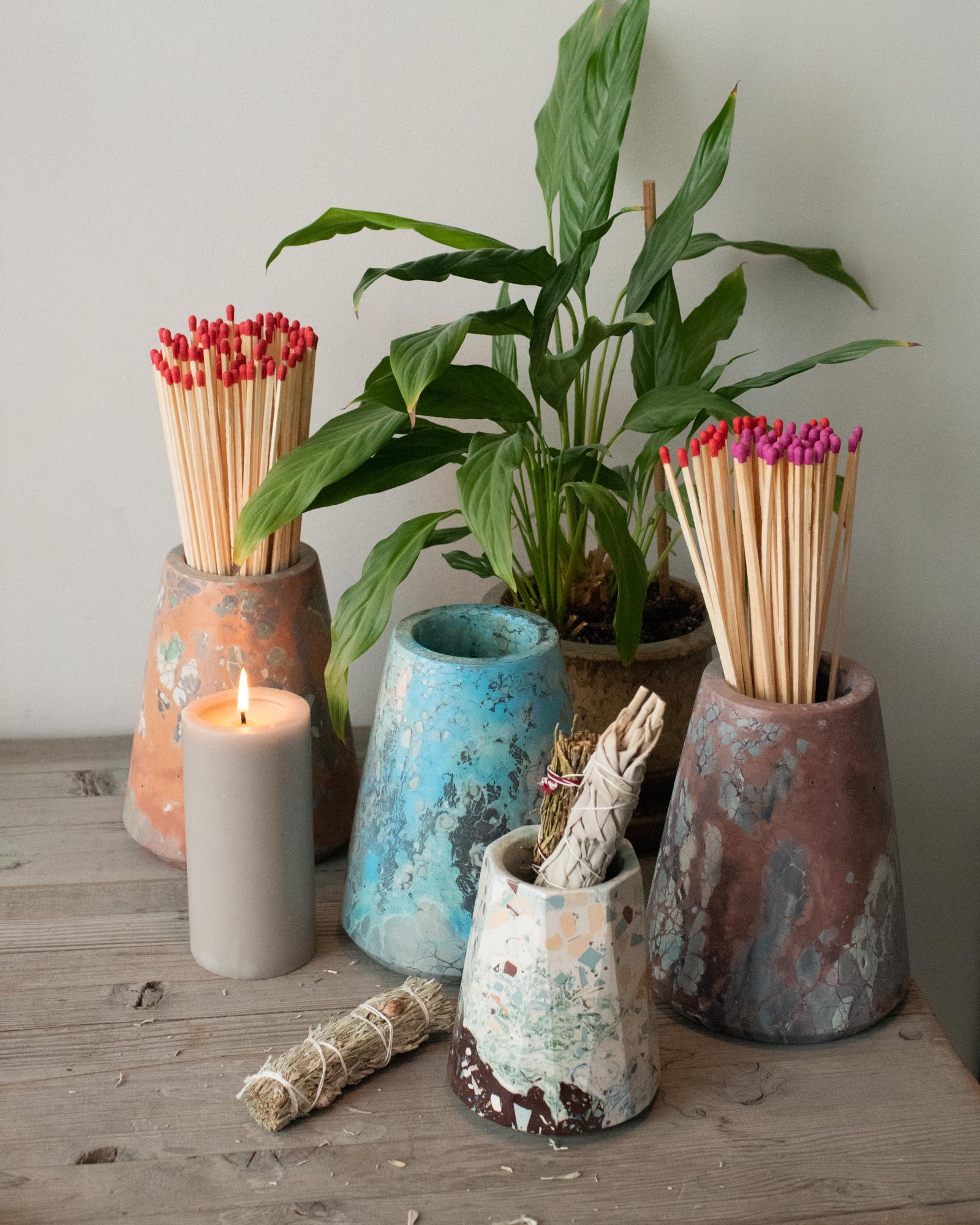 Cast Vesta Concrete Vase in Detritus Pattern, Handmade Organic Modern Vessel in Stock For Sale