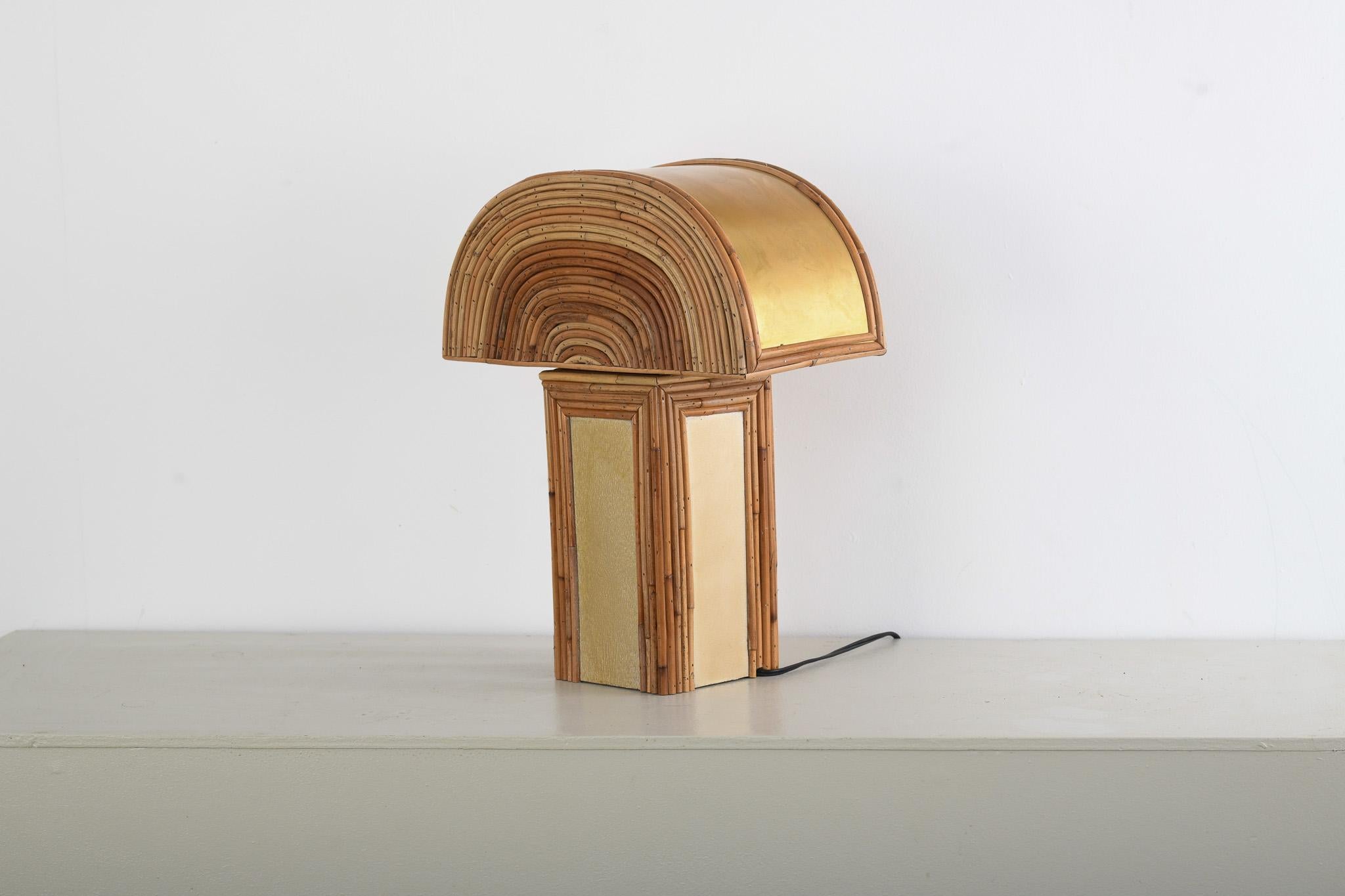 Vista Rattan Table Lamp with Brass Shade Top  

A harmonious fusion of organic charm and refined elegance, the Vista table lamp captivates with its petite silhouette and artisanal craftsmanship. Designed for intimate spaces, its compact size makes