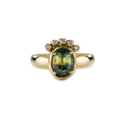 Vesta Ring with Australian Parti Sapphire and Diamond, 18 Karat Yellow Gold