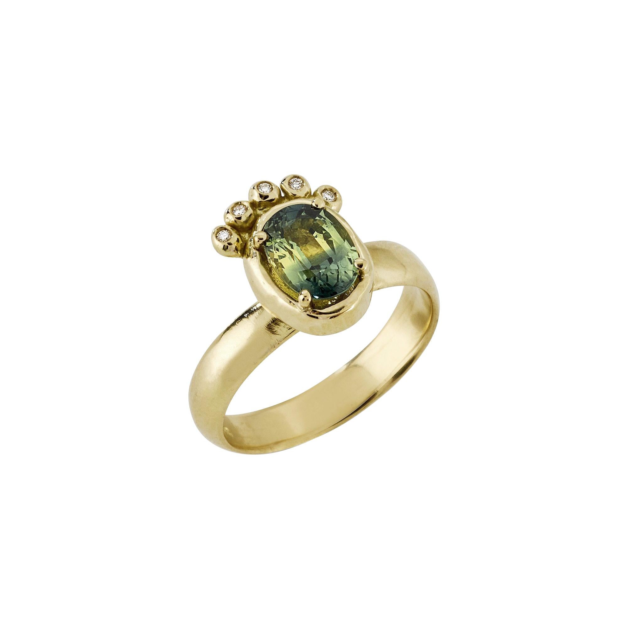 Vesta Ring with Australian Parti Sapphire and Diamond, 18 Karat Yellow Gold For Sale