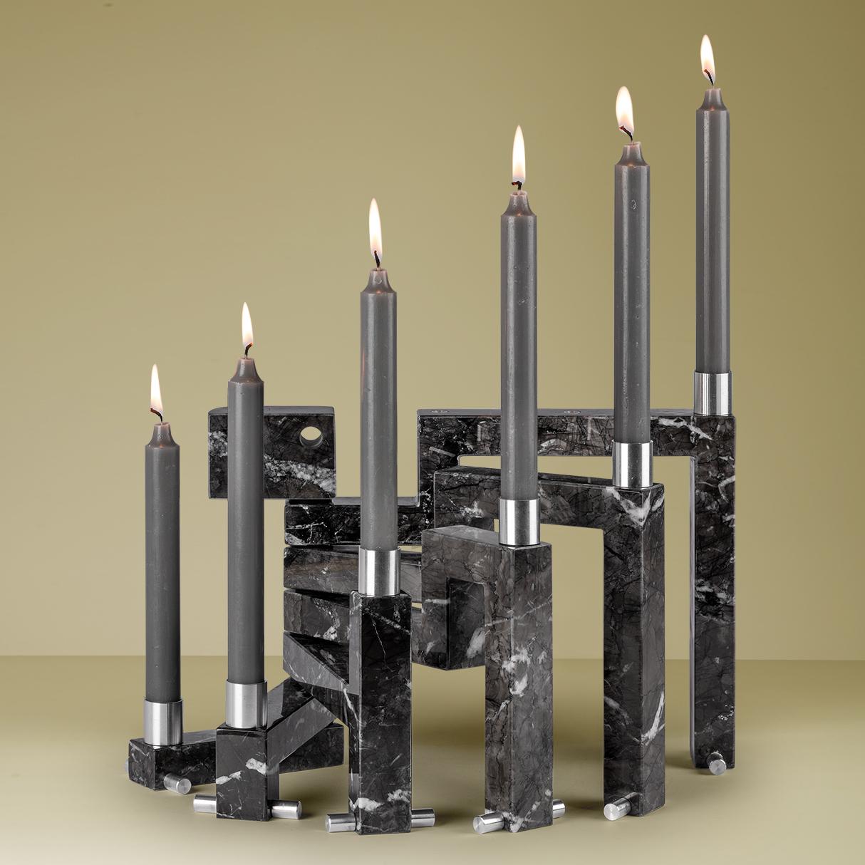 Modern Vestalia Black Marble Grigio Carnico and Chrome Details Candleholder