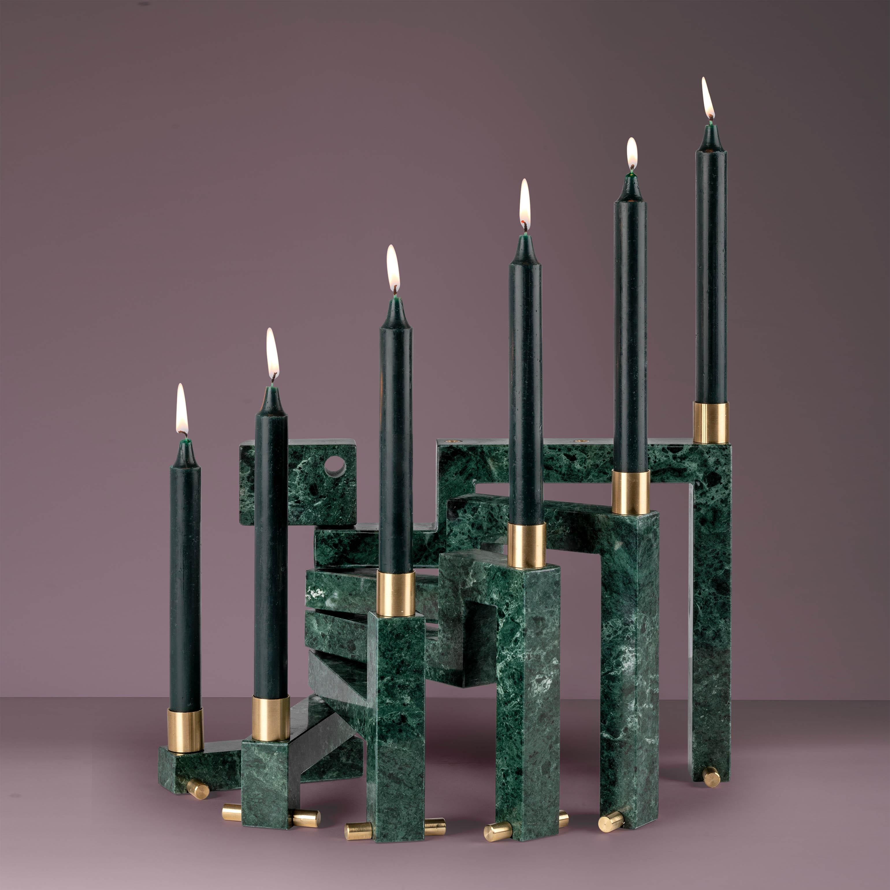 Modern Vestalia Green Marble Verde Imperiale and Brass Details Candleholder For Sale