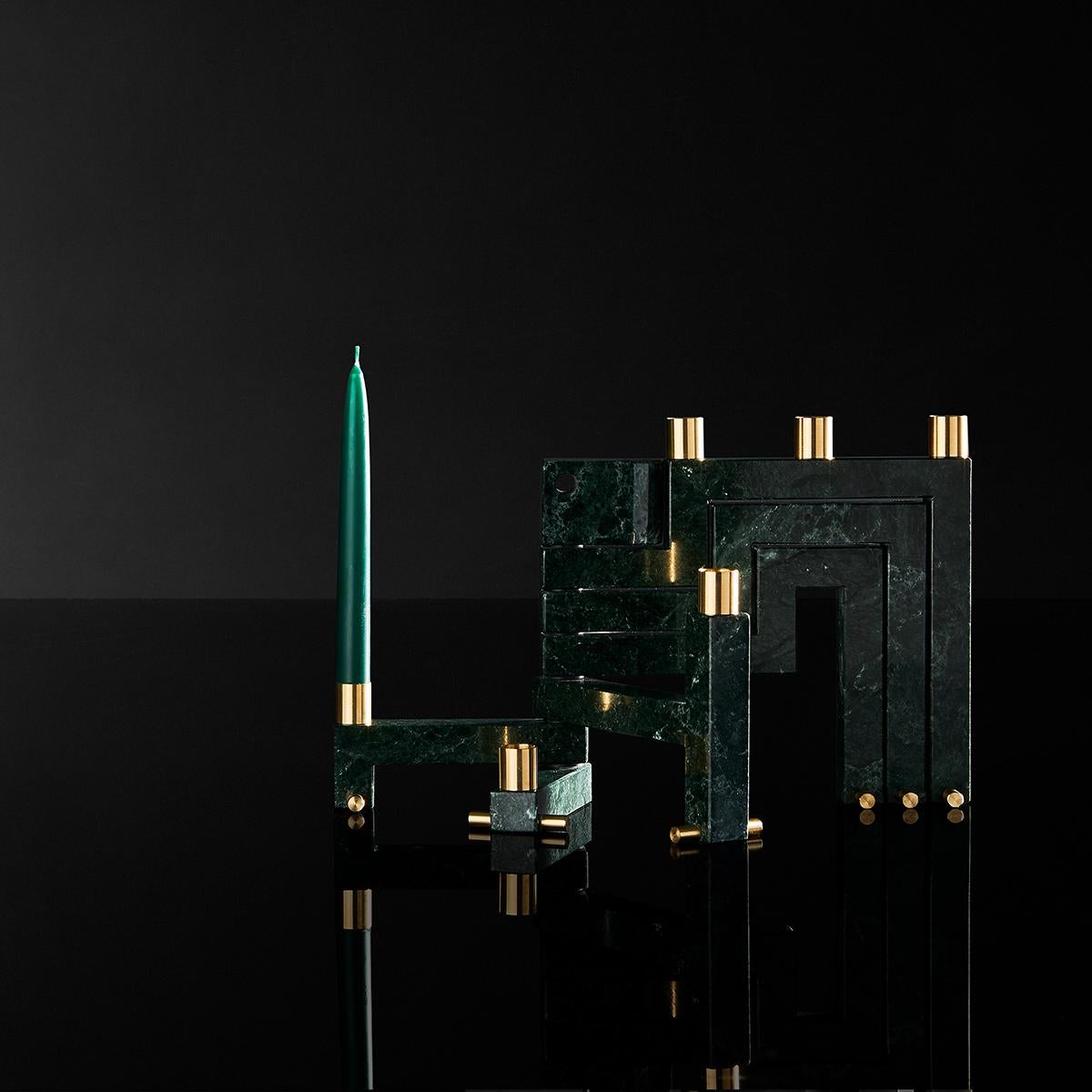 Italian Vestalia Green Marble Verde Imperiale and Brass Details Candleholder For Sale