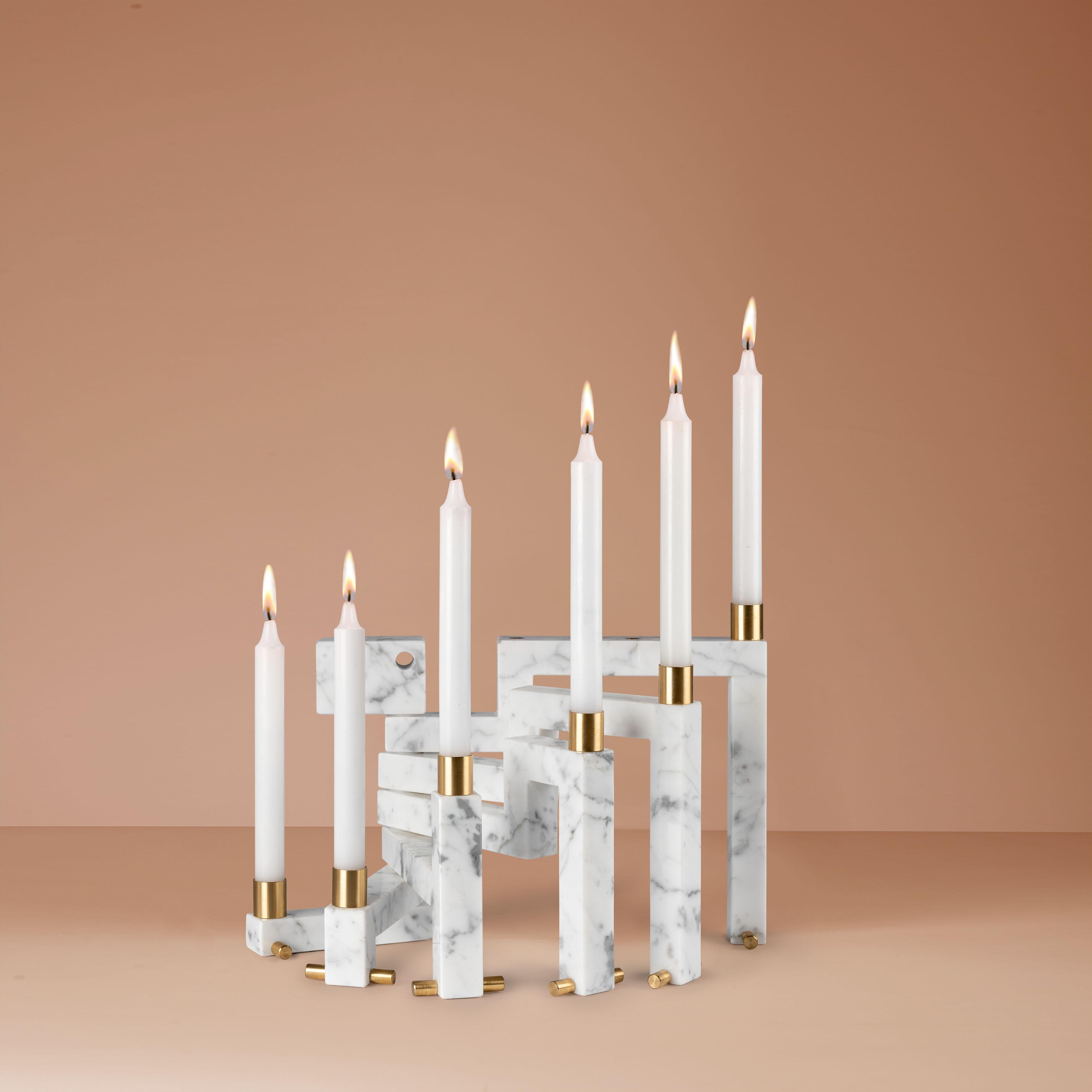 Modern Vestalia White Bianco Carrara Marble and Brass Details Candleholder For Sale