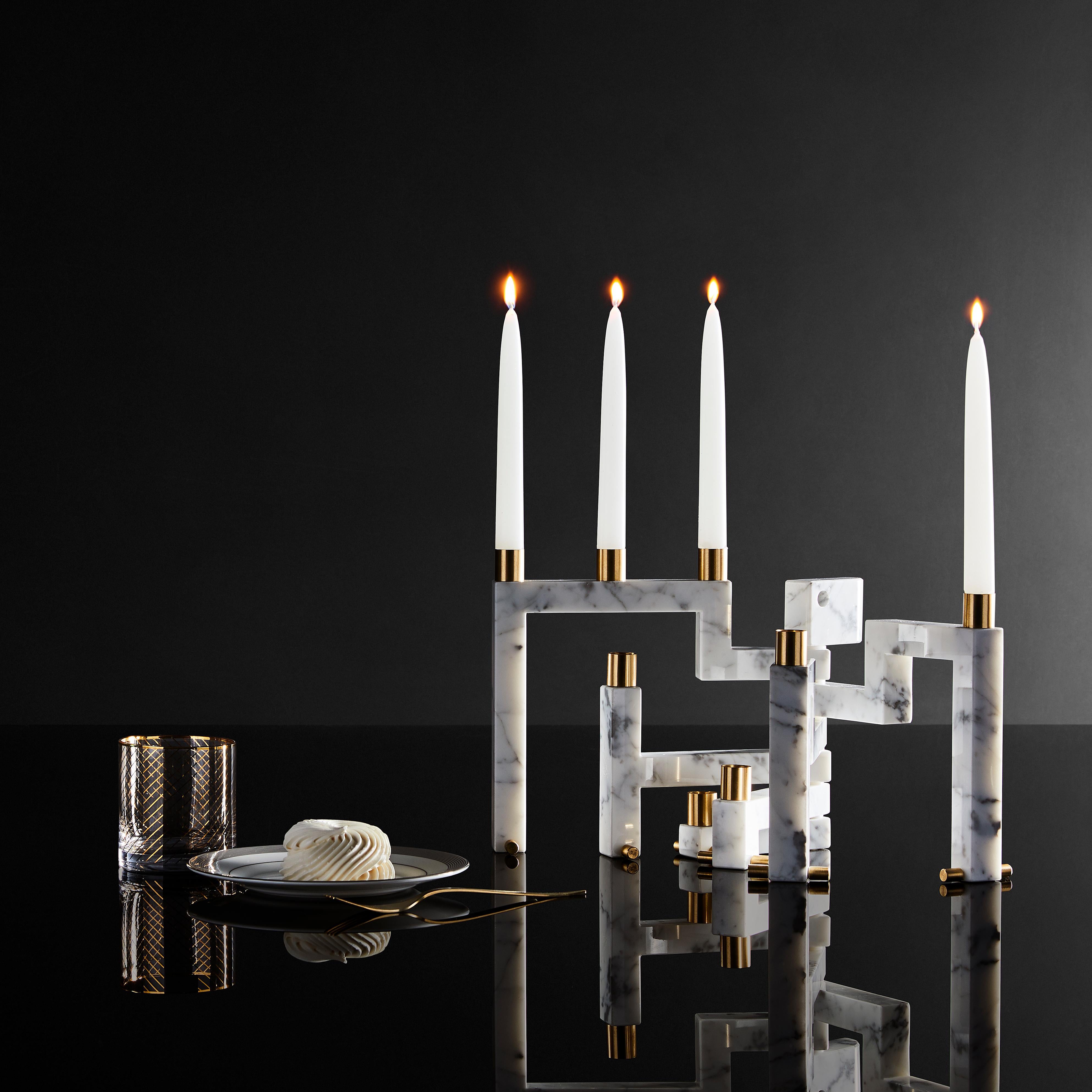 Turned Vestalia White Bianco Carrara Marble and Brass Details Candleholder For Sale