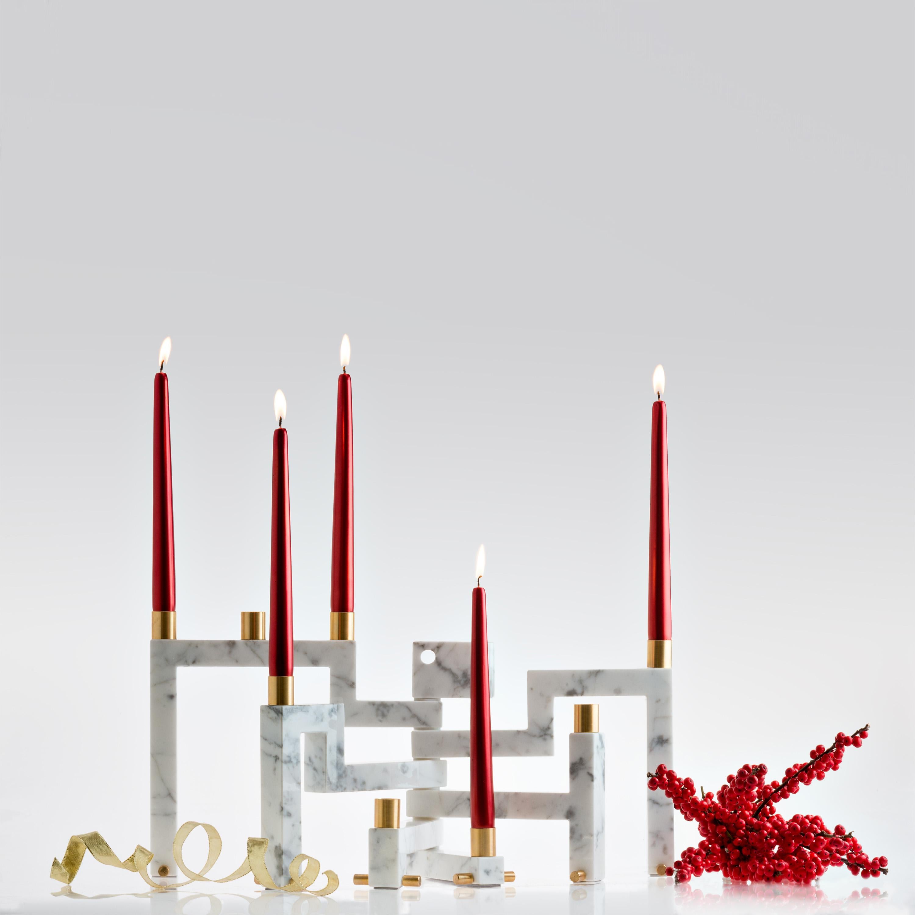 Contemporary Vestalia White Bianco Carrara Marble and Brass Details Candleholder For Sale