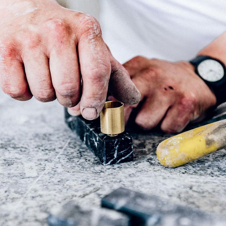 Vestalia White Bianco Carrara Marble and Brass Details Candelabrum at