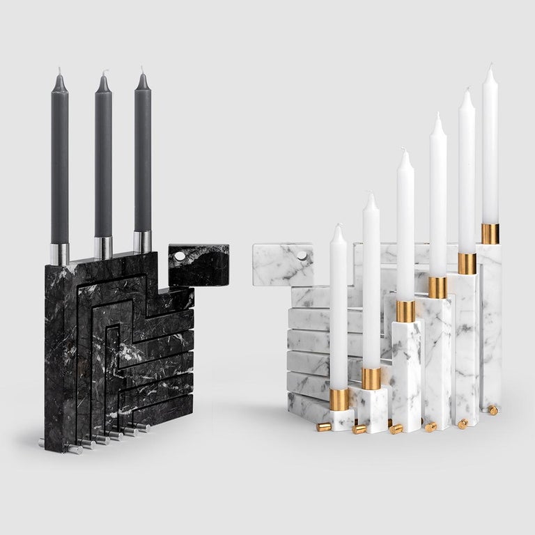 Vestalia White Bianco Carrara Marble and Brass Details Candelabrum at