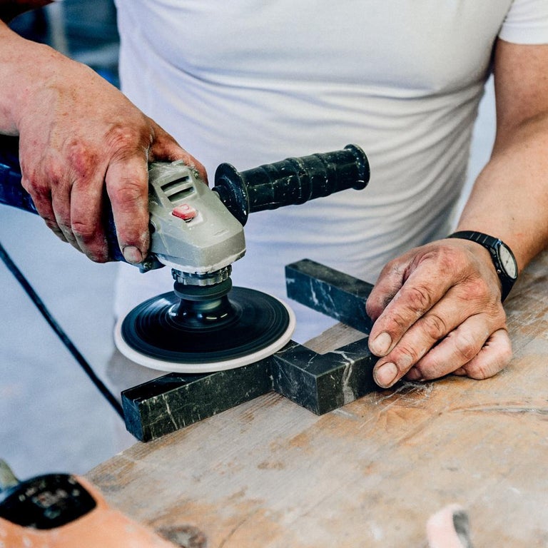 Vestalia White Bianco Carrara Marble and Brass Details Candelabrum at