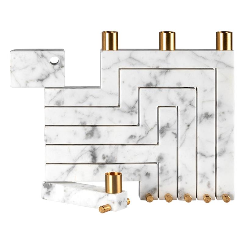 Vestalia White Bianco Carrara Marble and Brass Details Candelabrum at