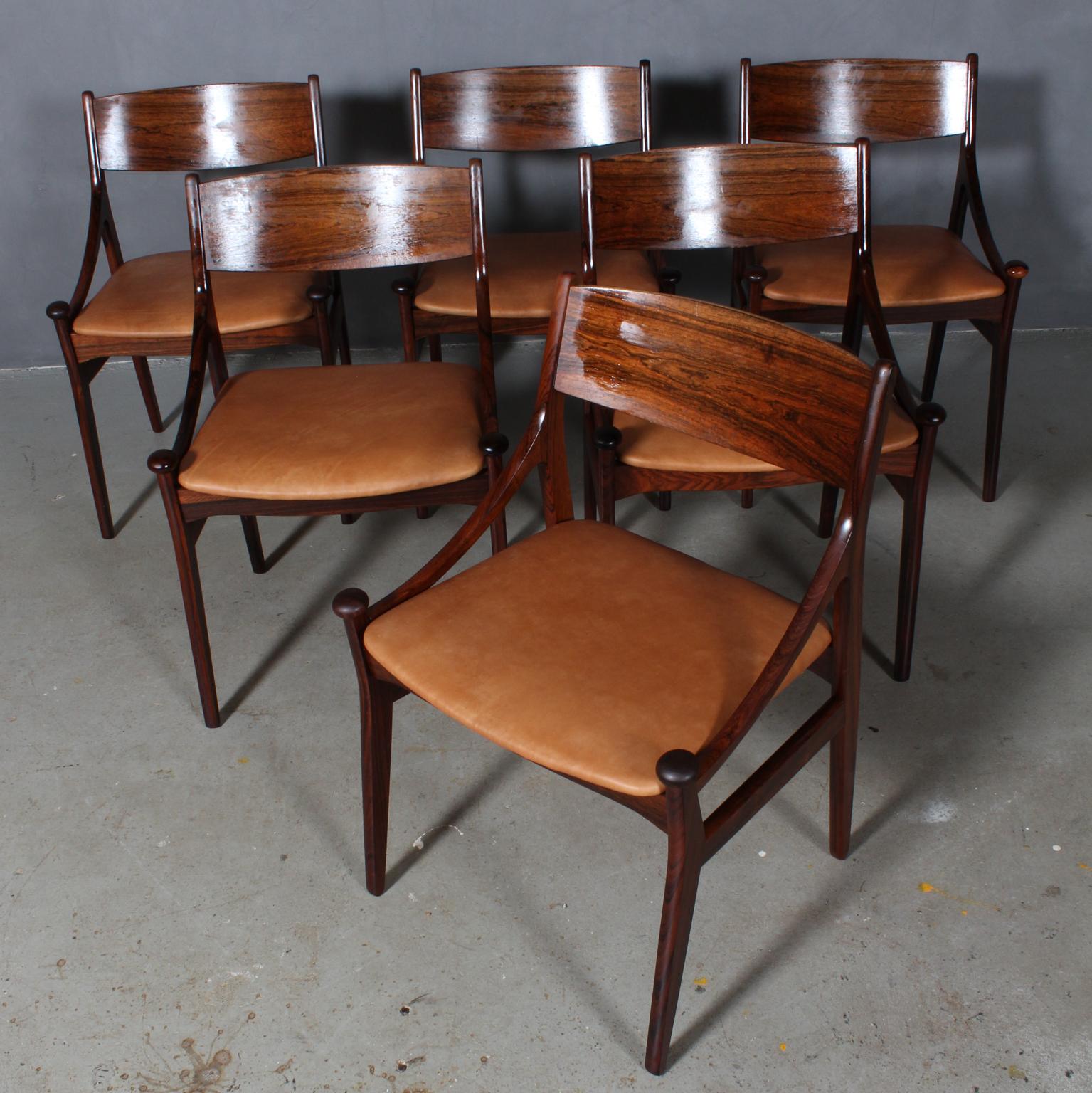 Vestervig Eriksen set of six dining chairs in partly solid rosewood. 

Seats new upholstered with tan vintage aniline leather.

Made by Brdr. Tromborg’s Eftf., Møbelfabrik Vestervig Eriksen Aarhus.