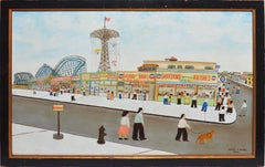 Vintage American Folk Art View of Coney Island, Oil Painting by Vestie Davis