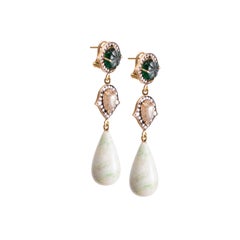 Vesuvianite Drop Earrings with Rough Cut Diamonds and Carved Emeralds