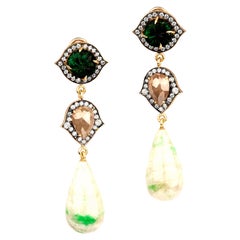 Vesuvianite Drop Earrings with Rough Cut Diamonds and Carved Emeralds