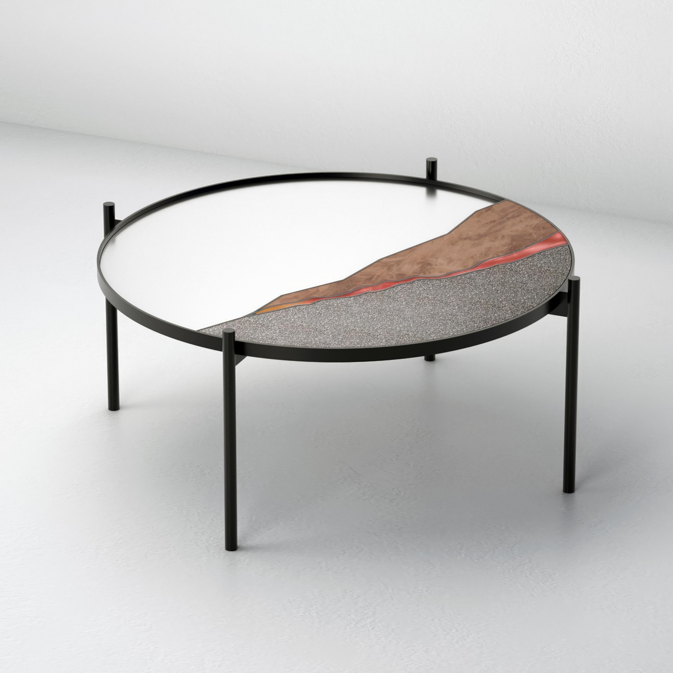 Grande table basse du Vésuve par Atlas Project
Dimensions : Ø 85 x H 38 cm : Ø 85 x H 38 cm. 
MATERIAL : Fer peint à la poudre noire, miroir en acier inoxydable, pierre de lave, verre fusion peint à la main et cuivre.

Disponible en deux tailles
