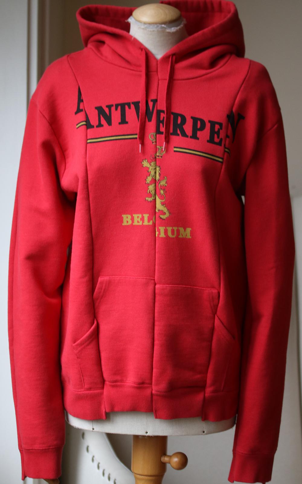 Vetements's Antwerpen print – a reference to Demna Gvasalia's time studying in Belgium and working for Martin Margiela – is sliced and reconfigured in the form of this red deconstructed sweatshirt. It's made from panels of cotton-blend loop-back