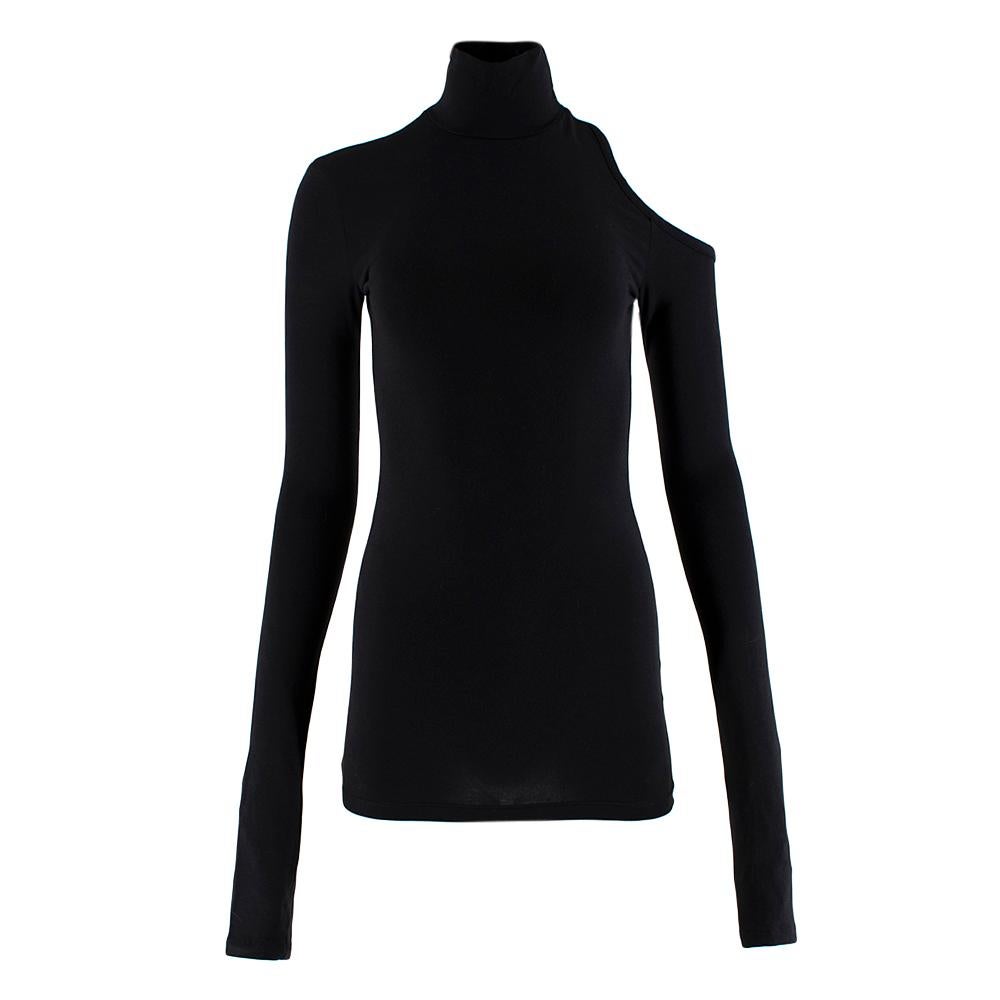 Vetements Black Cotton blend Turtleneck Cut-out top

-Soft textured jersey fabric 
-Shoulder cut-out 
-Classic turtleneck long sleeve  design with a twist 
-Fits true to size
-Cut for a very close fit

Materials:
47% cotton, 47% modal, 6% elastane