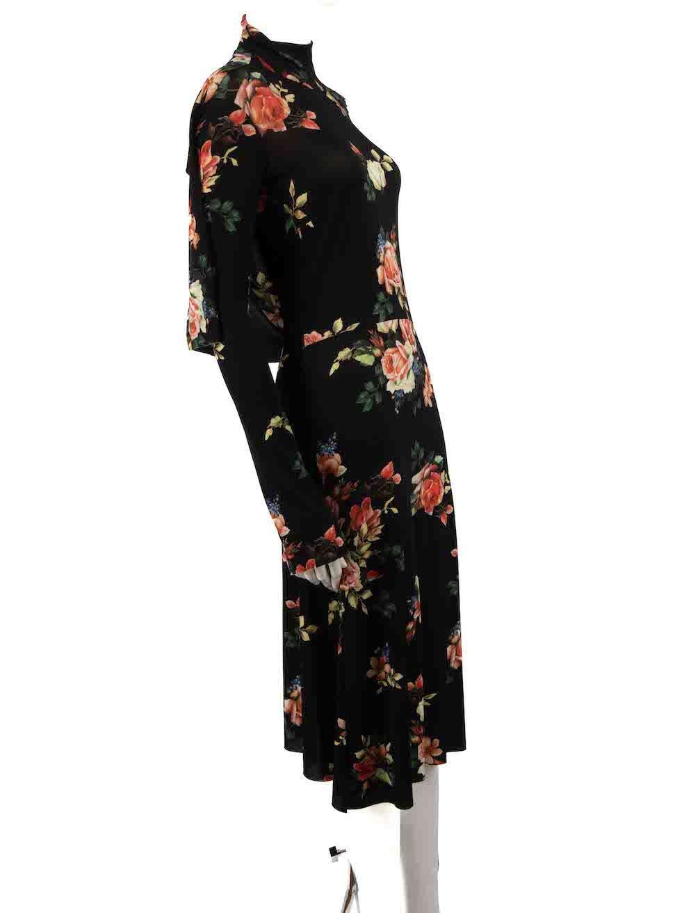 CONDITION is Very good. Hardly any visible wear to dress is evident on this used Vetements designer resale item.
 
 Details
 Black
 Polyester
 Dress
 Floral print
 Open back
 Long sleeves
 Mock neck
 Neck and side zip fastening
 Draped panel
 Midi
