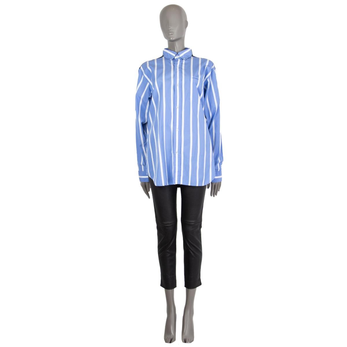 100% authentic Vetements Pour Femme double-sided shirt in midnight blue, white and periwinkle cotton (100%) with one side striped and the other one plain, two attached collars, oversized fit, long sleeves with buttoned cuffs, both sides with a chest