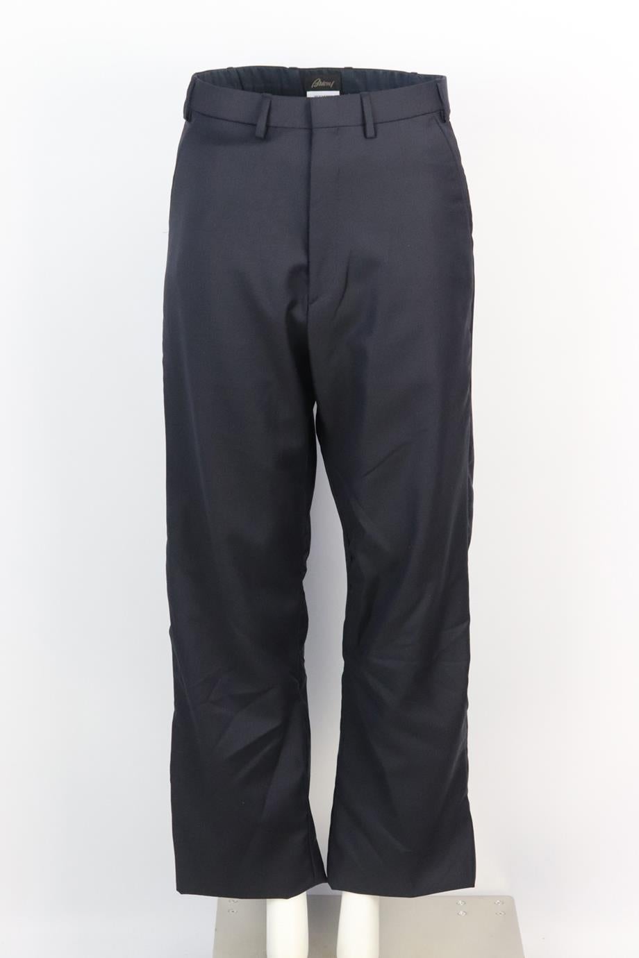 Vetements + Brioni wool straight leg pants. Navy. Hook, eye and zip fastening at front. 100% Wool; lining: 100% cotton. Size: XSmall (UK 6, US 2, FR 34, IT 38). Waist: 29.8 in. Hips: 40 in. Length: 40 in. Inseam: 27 in. Rise: 15 in. Very good