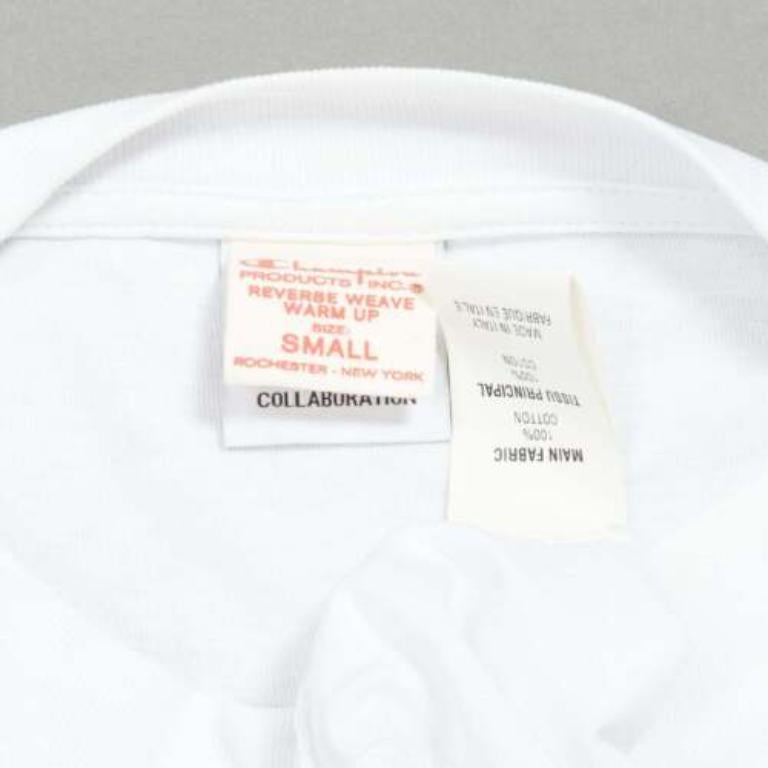 VETEMENTS CHAMPION white logo tape deconstructed cut out sleeve sweater S For Sale 4